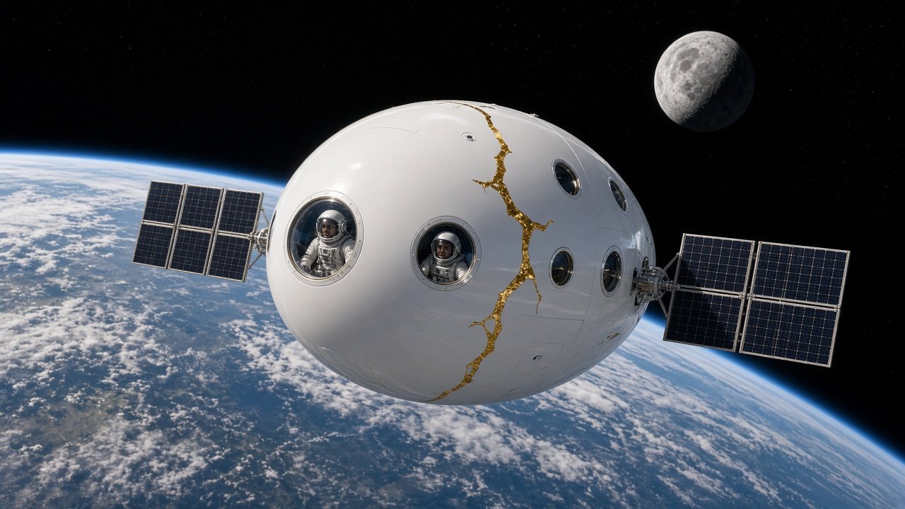 Egg Bus One, Low Earth Orbit — Photoreal space photography, In orbit above Earth, the Moon behind