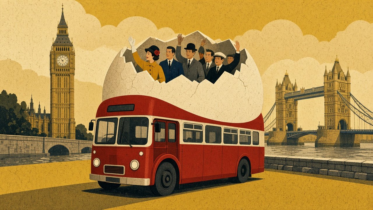 Top Deck, Freshly Hatched — 1960s travel poster, Westminster and Tower Bridge, London
