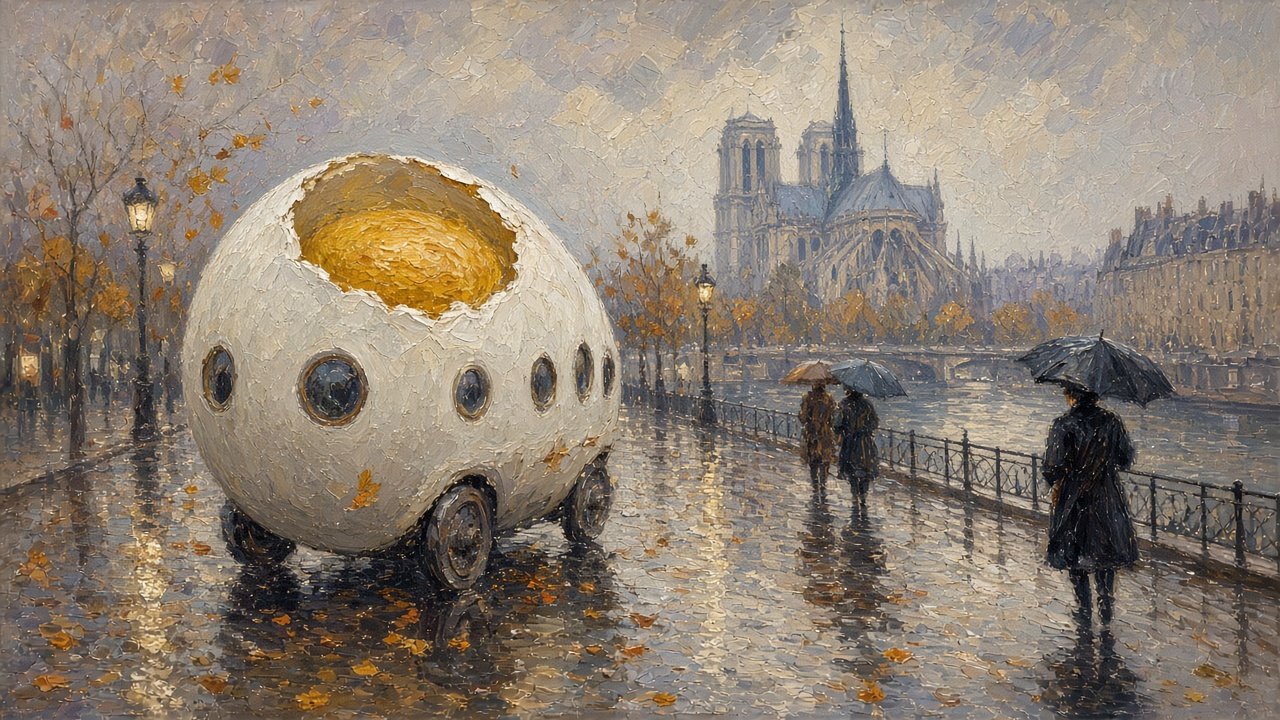 Impression, Sunny-Side Up — French Impressionist oil painting, A rainy autumn quay along the Seine, Paris
