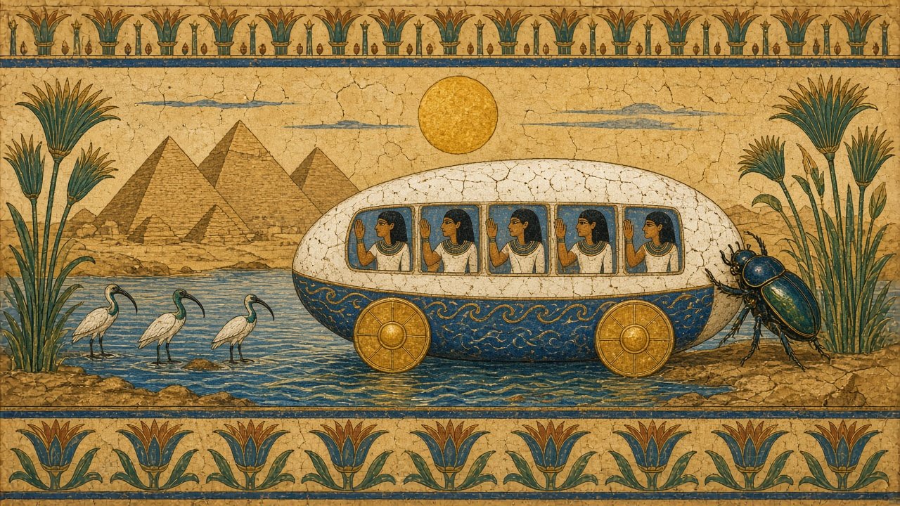 Walk Like an Egg-yptian — Ancient Egyptian tomb painting, The Nile at the Pyramids of Giza, Egypt