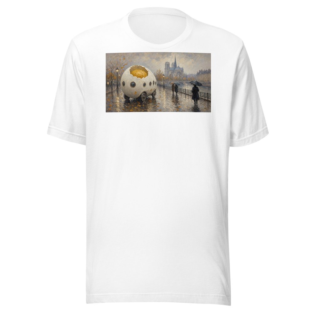 Impression, Sunny-Side Up: Egg Bus Daily shirt (white Bella+Canvas 3001), front view